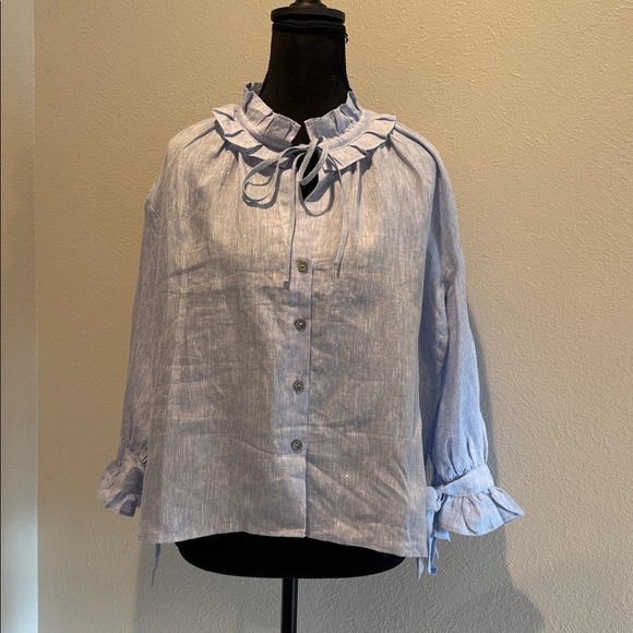 Harshman Tops - HARSHMAN X-S Linen Blue Striped Blouse with Ruffle Collar